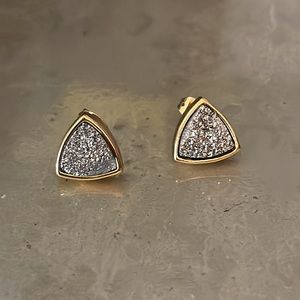 Pierced druzy post earrings silvery inside of a gold tone frame triangle shape